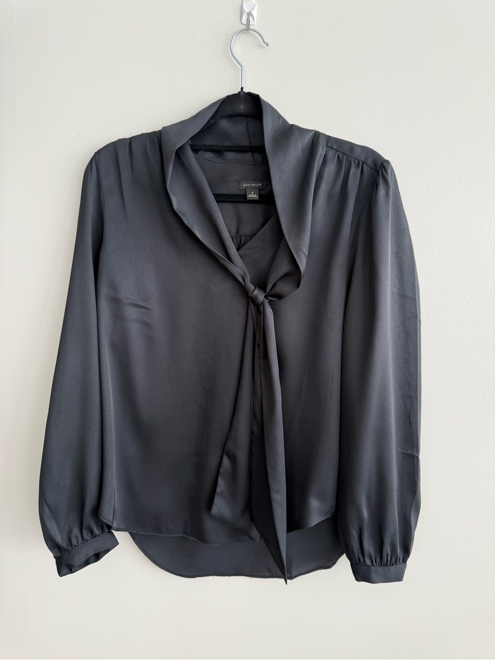 Ann Taylor Black Tie-Neck Satin Blouse